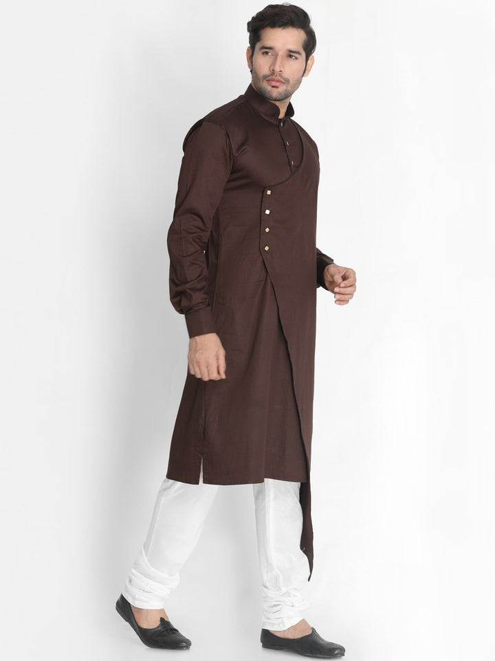 Sarvati Men's Brown Cotton Silk Blend Kurta and Churidar Set