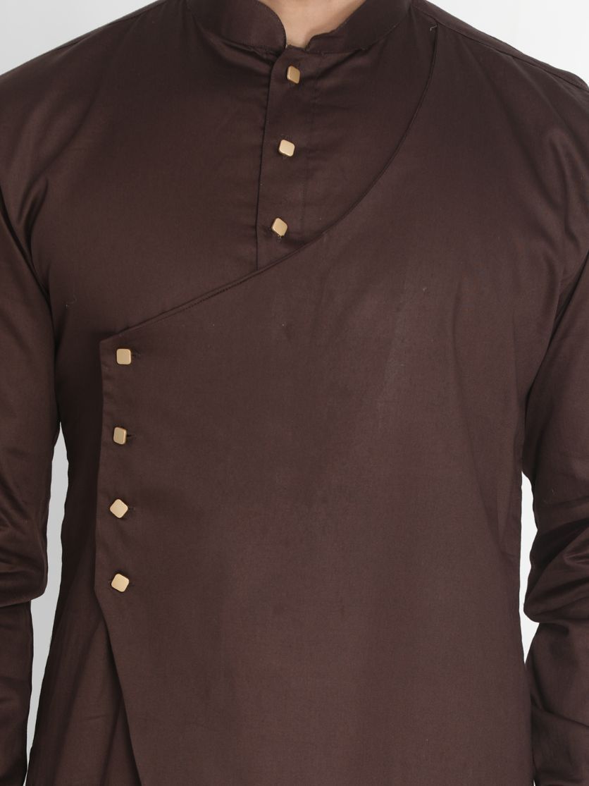 Sarvati Men's Brown Cotton Silk Blend Kurta and Churidar Set