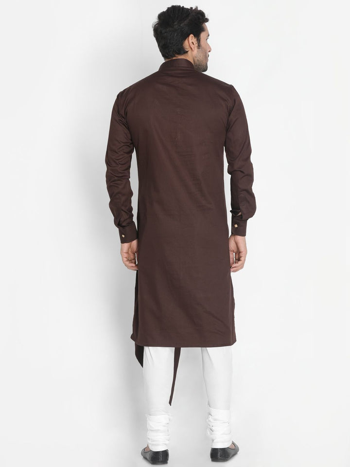 Sarvati Men's Brown Cotton Silk Blend Kurta and Churidar Set