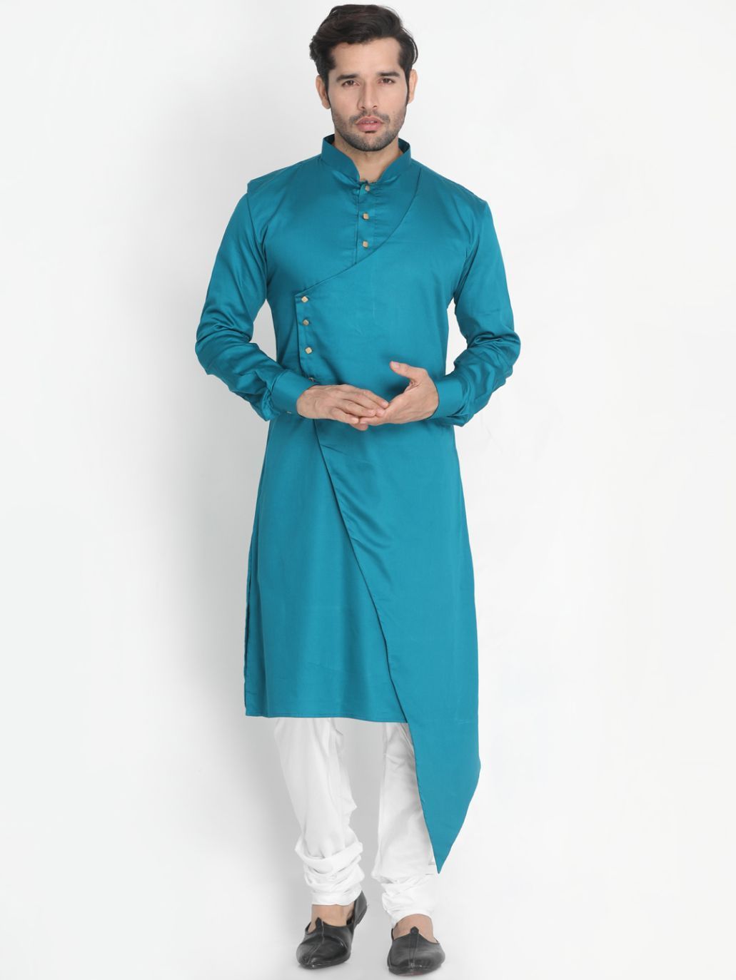 Sarvati Men's Blue Cotton Silk Blend Kurta and Churidar Set