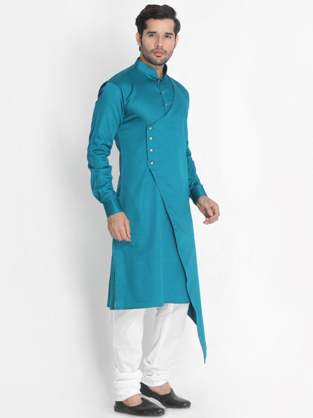 Sarvati Men's Blue Cotton Silk Blend Kurta and Churidar Set