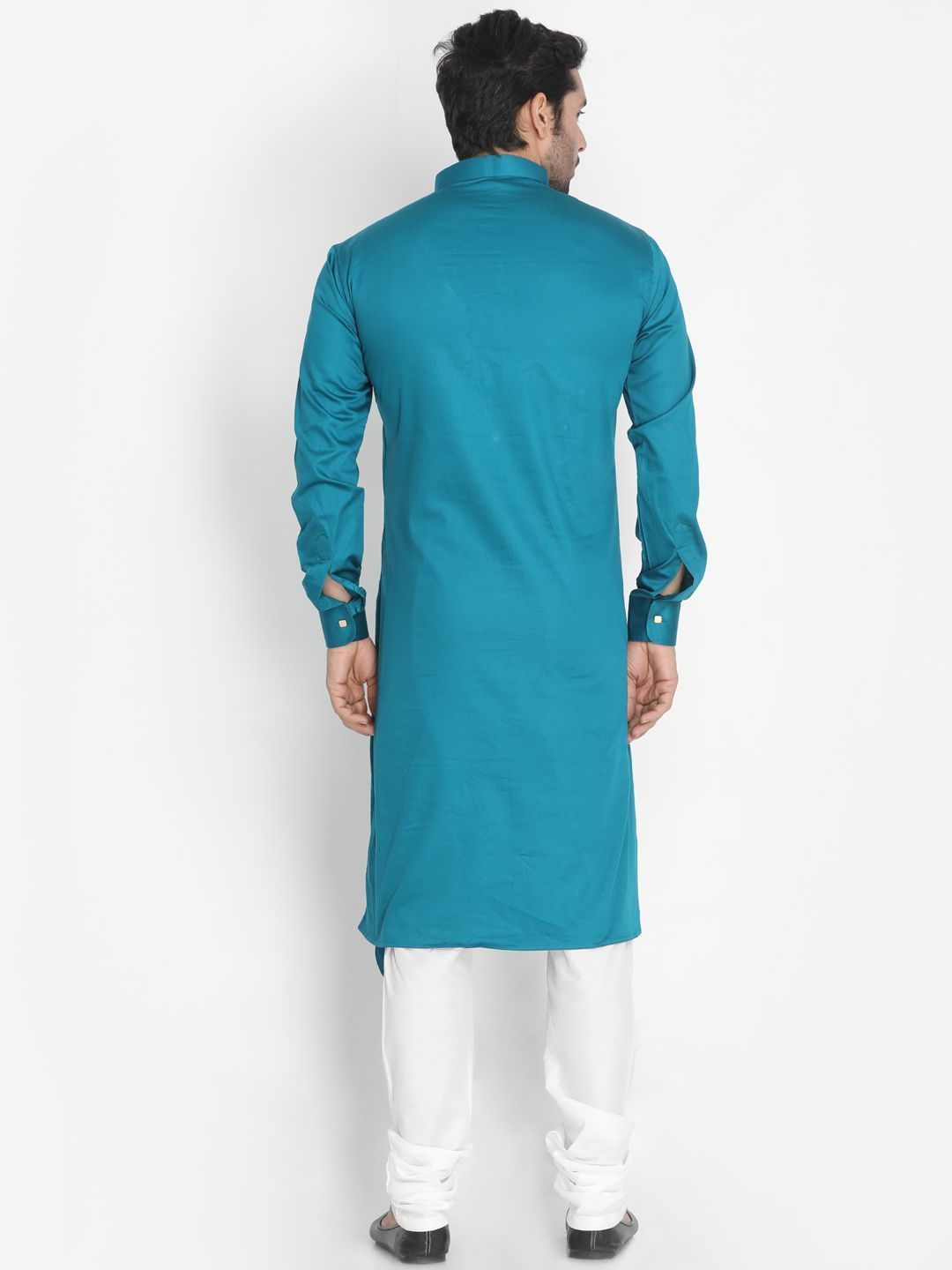 Sarvati Men's Blue Cotton Silk Blend Kurta and Churidar Set