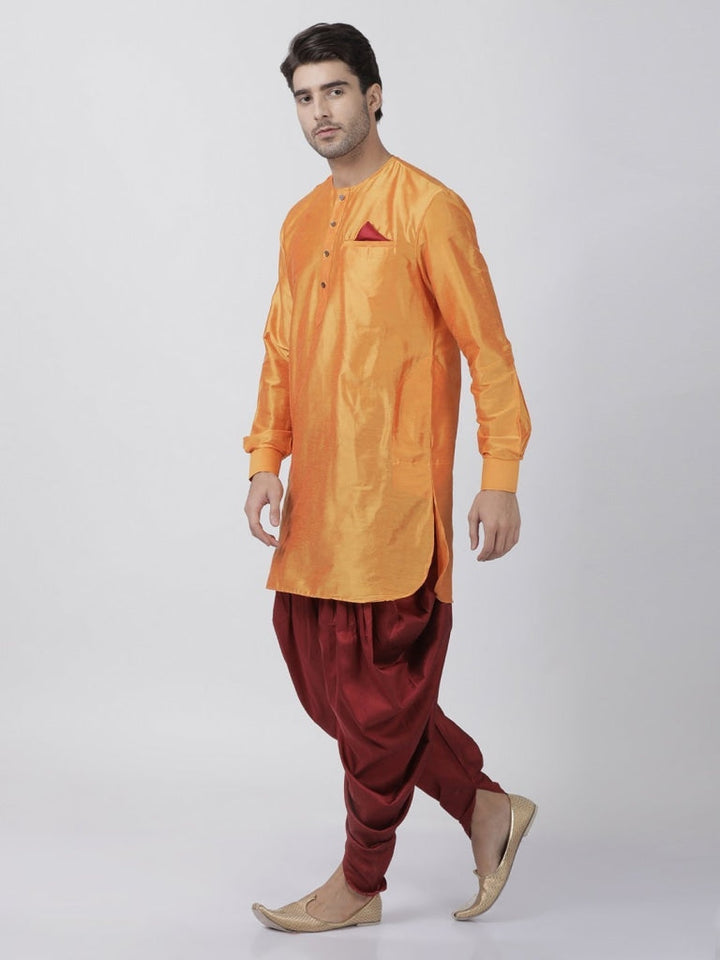 Sarvati Men's Orange Cotton Blend Kurta and Dhoti Pant Set