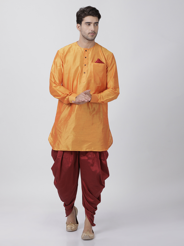 Sarvati Men's Orange Cotton Blend Kurta and Dhoti Pant Set