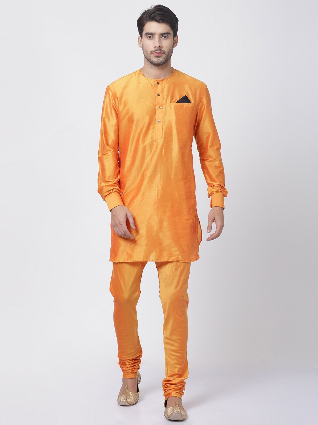 Sarvati Men's Orange Cotton Blend Kurta and Churidar Set