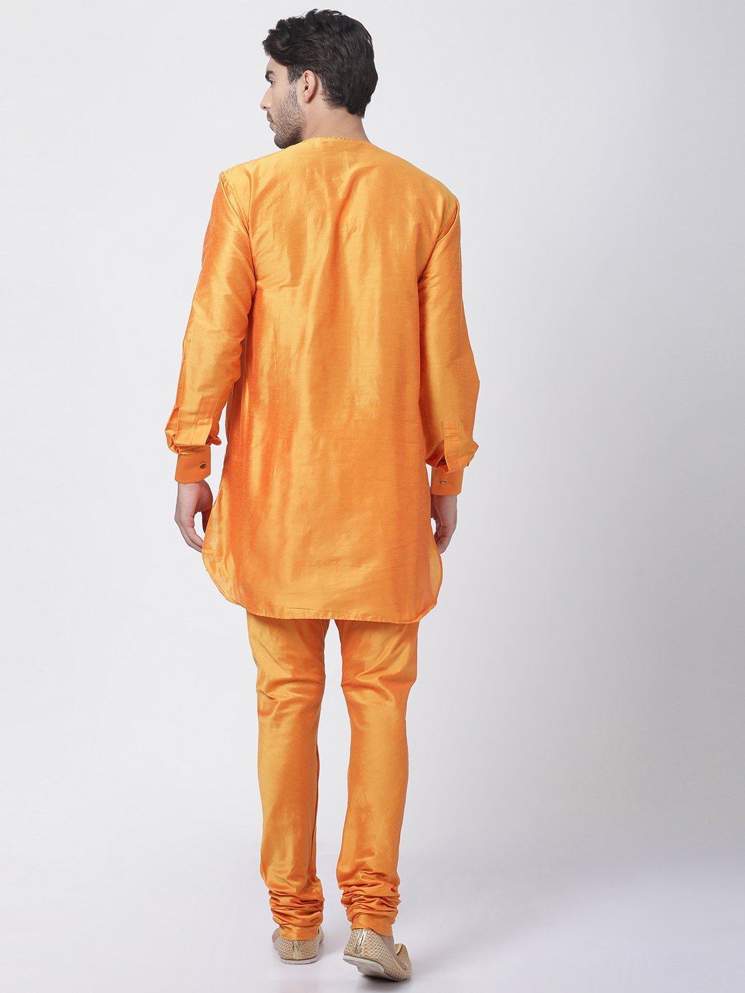 Sarvati Men's Orange Cotton Blend Kurta and Churidar Set