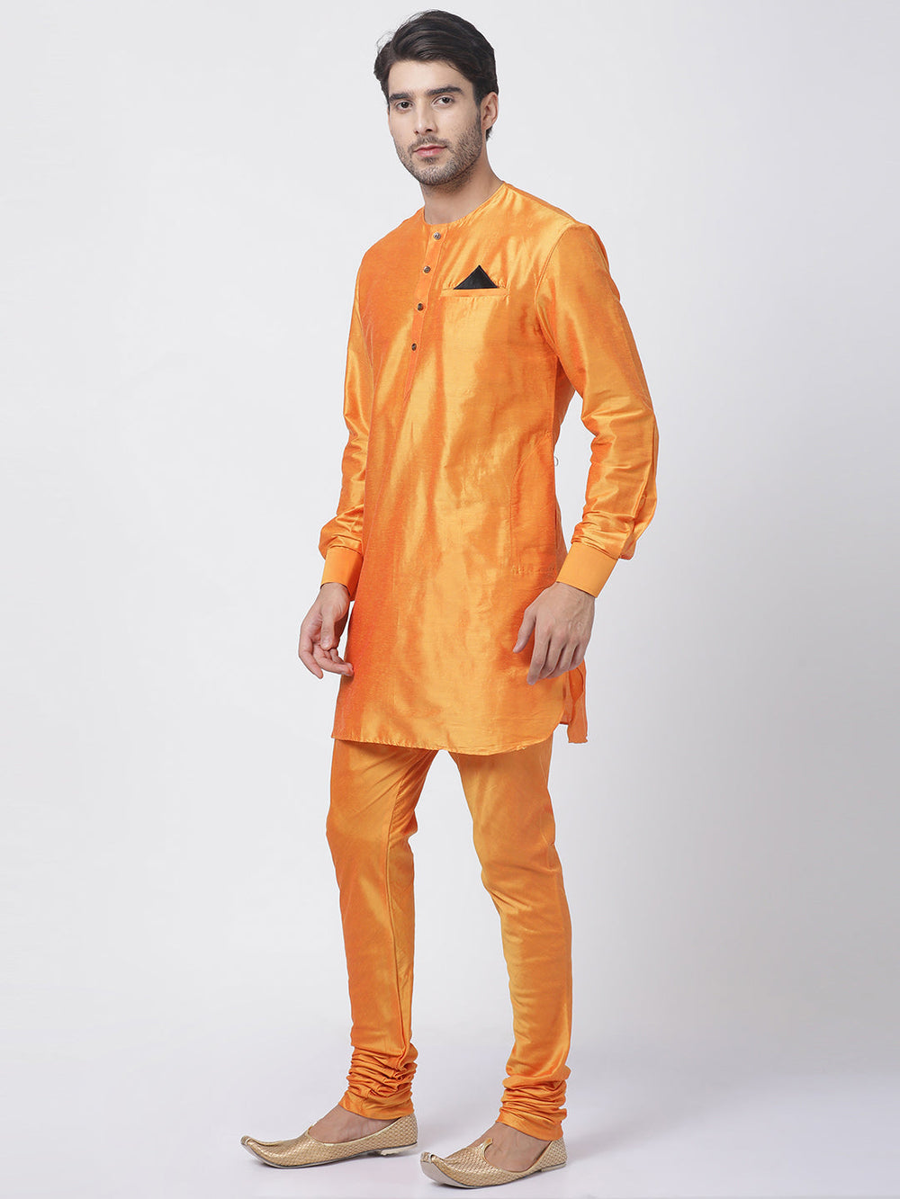 Sarvati Men's Orange Cotton Blend Kurta and Churidar Set