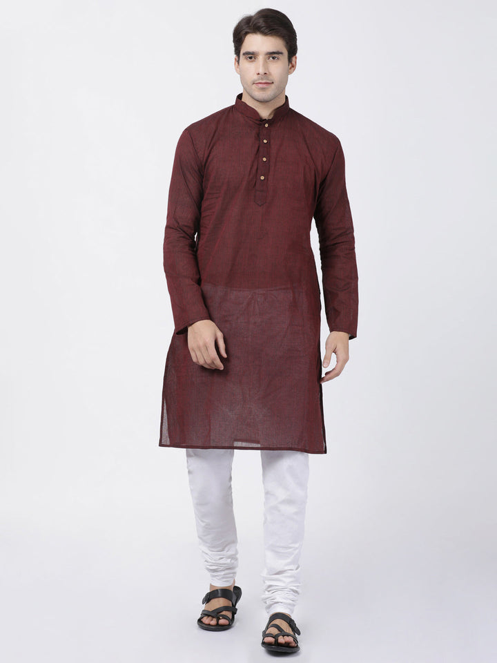 Sarvati Men's Maroon Cotton Handloom Kurta With Pyjama Set