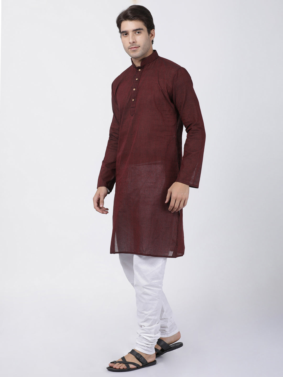 Sarvati Men's Maroon Cotton Handloom Kurta With Pyjama Set