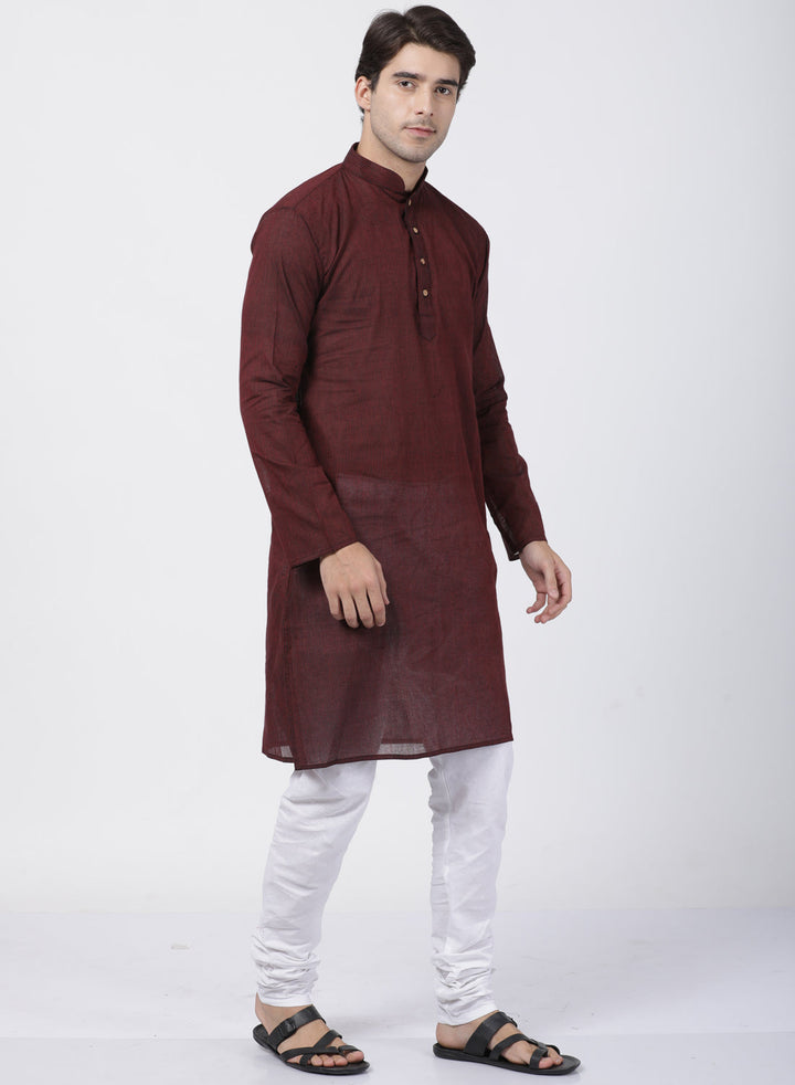 Sarvati Men's Maroon Cotton Handloom Kurta With Pyjama Set