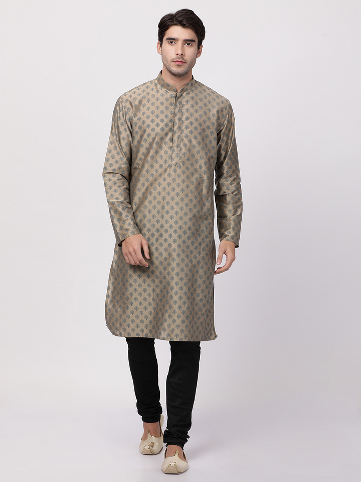 Sarvati Men's Beige Cotton Blend Kurta and Churidar Set