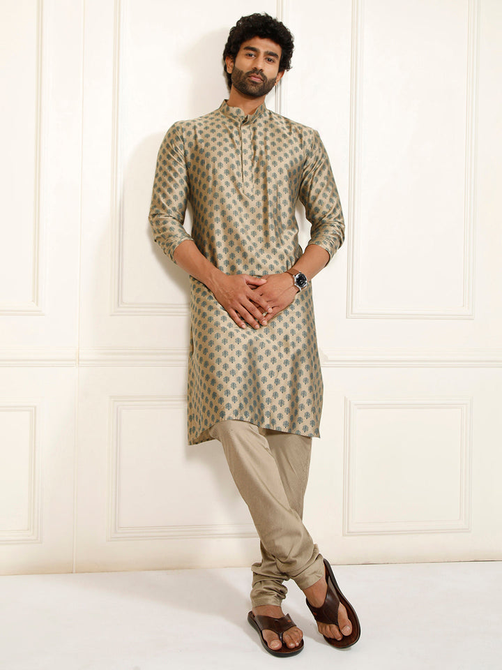 Sarvati Men's Beige Cotton Blend Kurta and Churidar Set