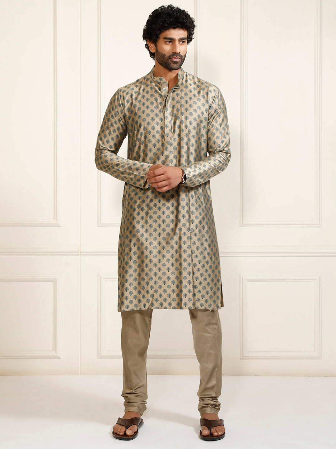 Sarvati Men's Beige Cotton Blend Kurta and Churidar Set