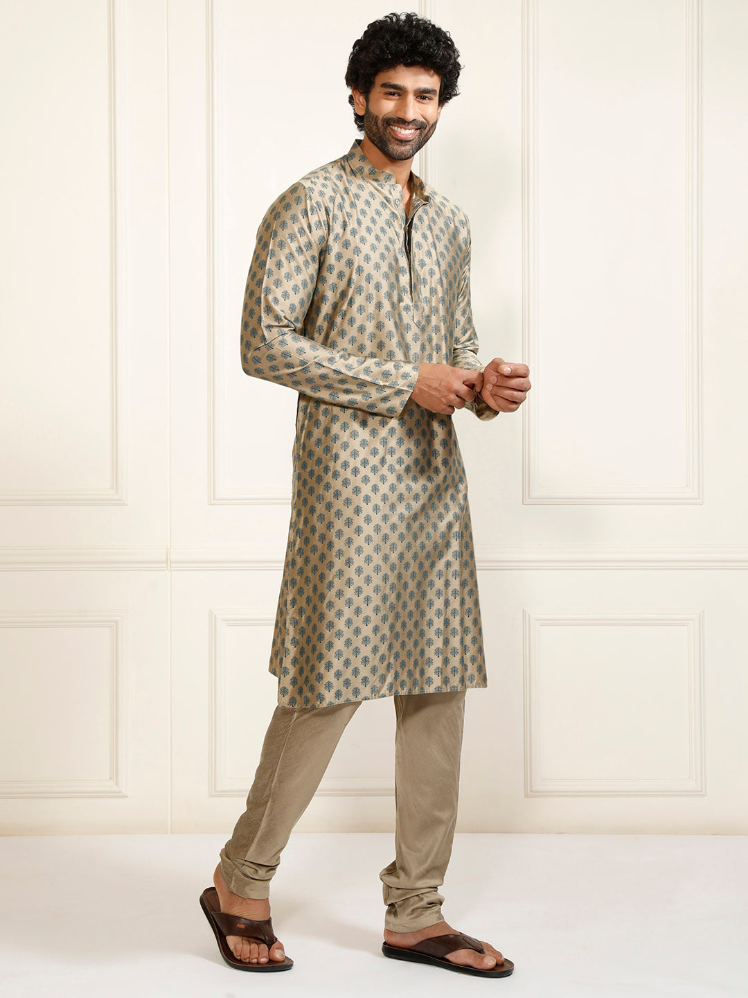 Sarvati Men's Beige Cotton Blend Kurta and Churidar Set