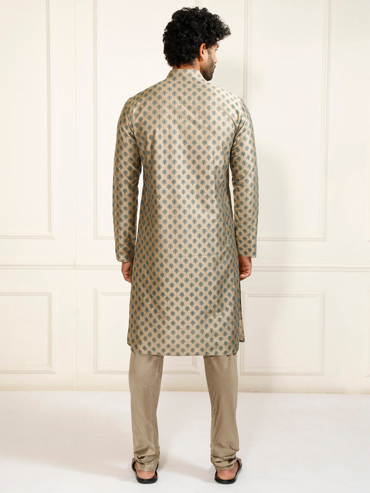 Sarvati Men's Beige Cotton Blend Kurta and Churidar Set