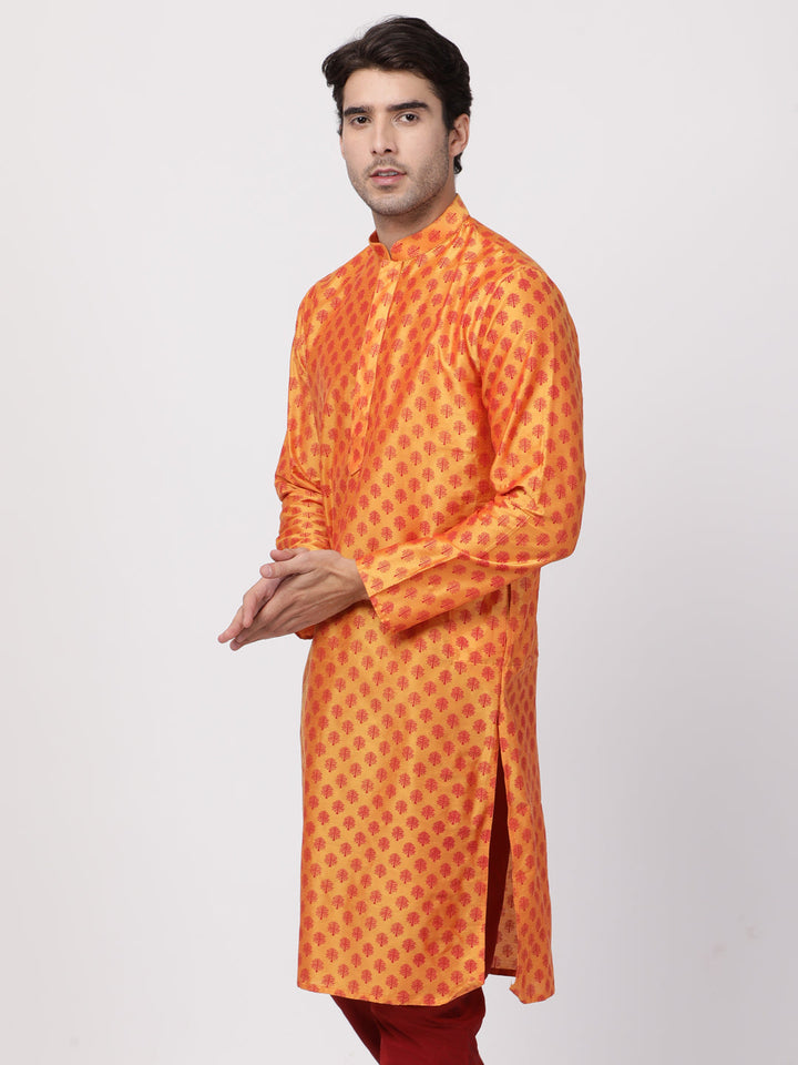 Men's Orange Cotton Silk Blend Kurta
