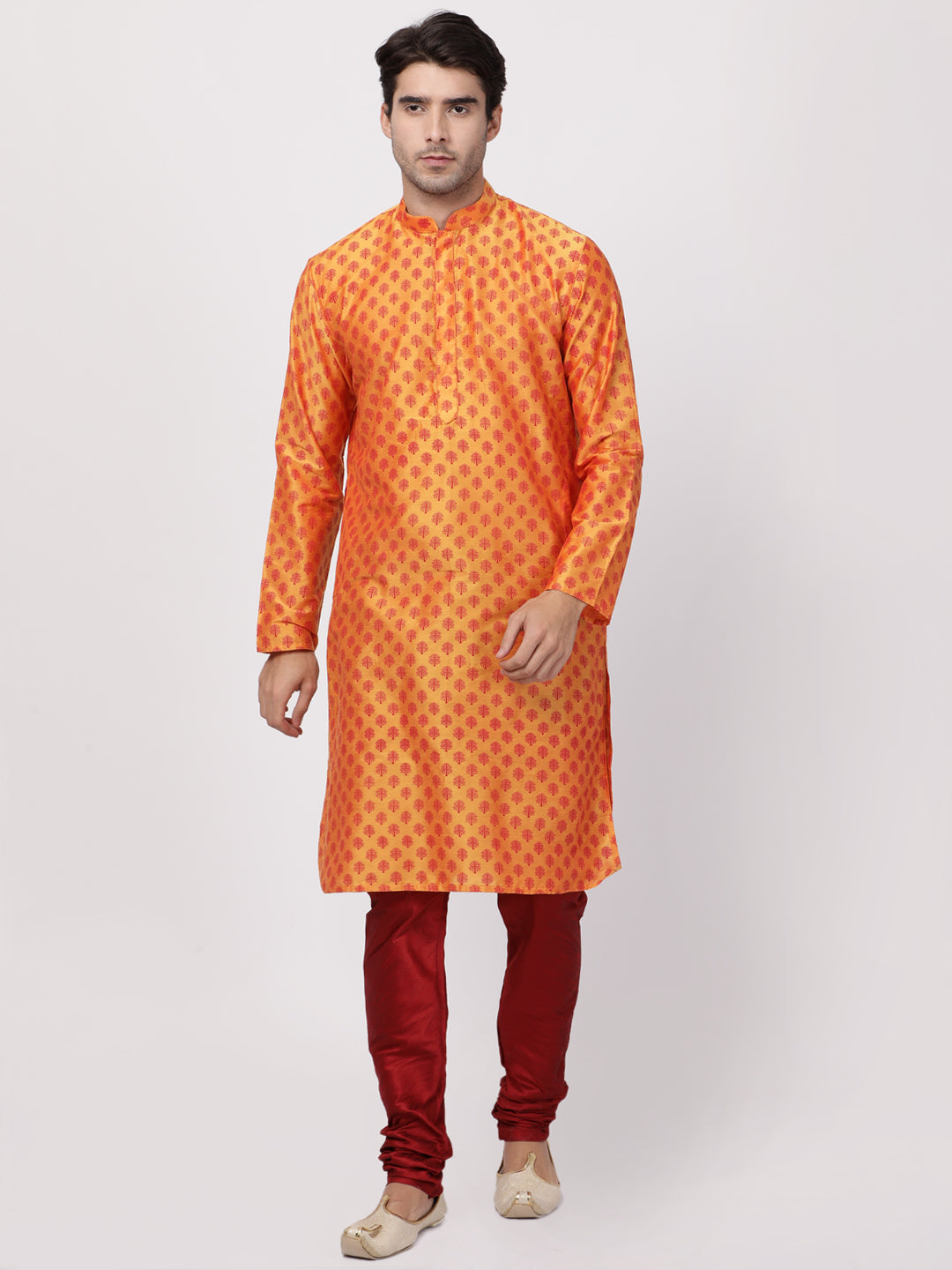 Men's Orange Cotton Silk Blend Kurta