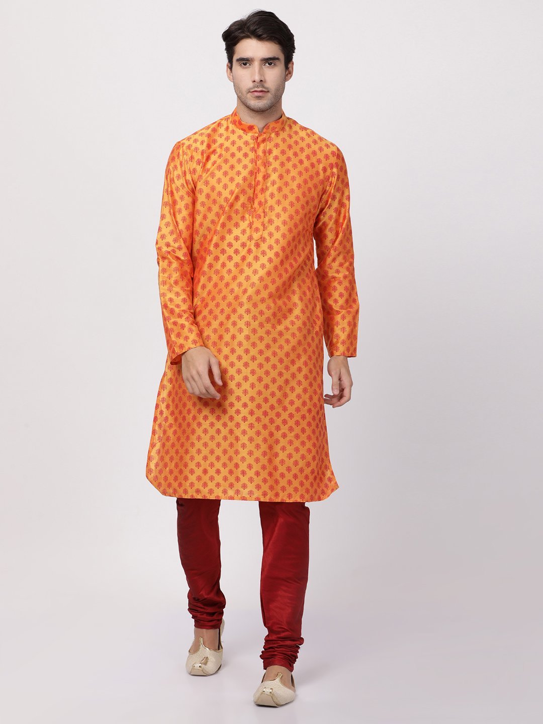 Sarvati Men's Orange Cotton Blend Kurta and Pyjama Set