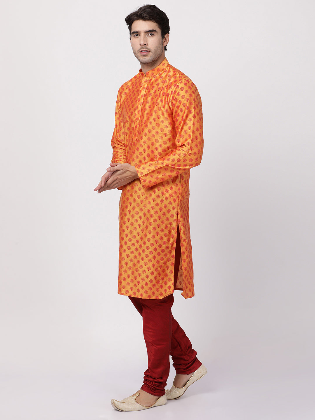 Sarvati Men's Orange Cotton Blend Kurta and Pyjama Set