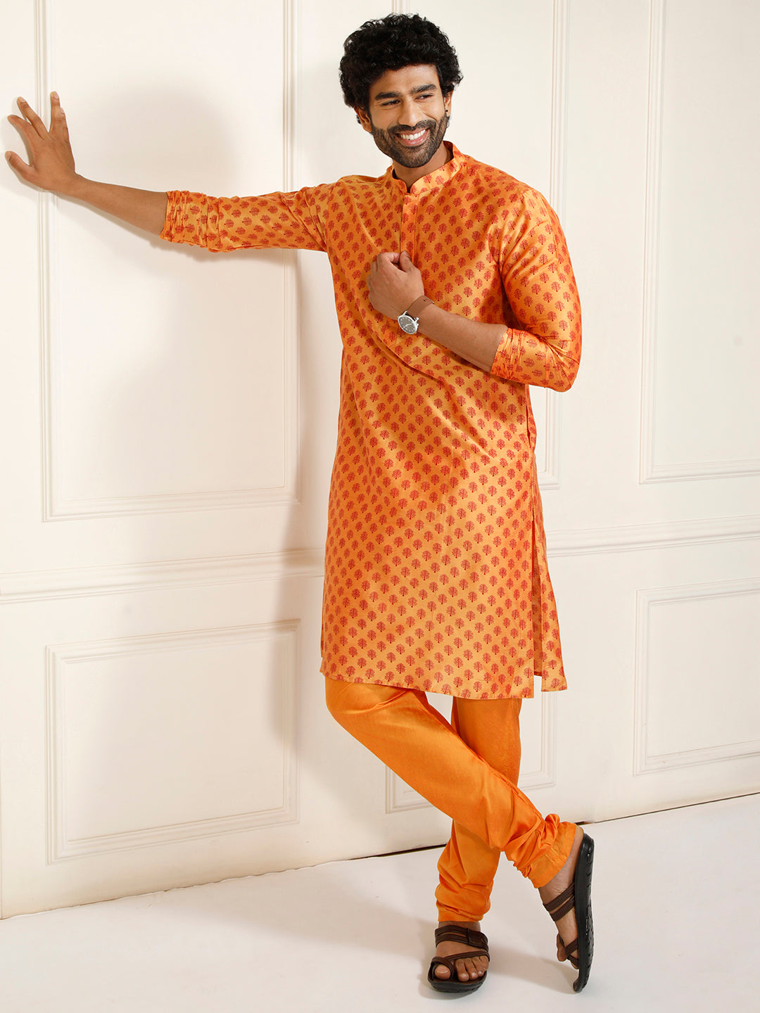 Sarvati Men's Orange Cotton Blend Kurta and Pyjama Set