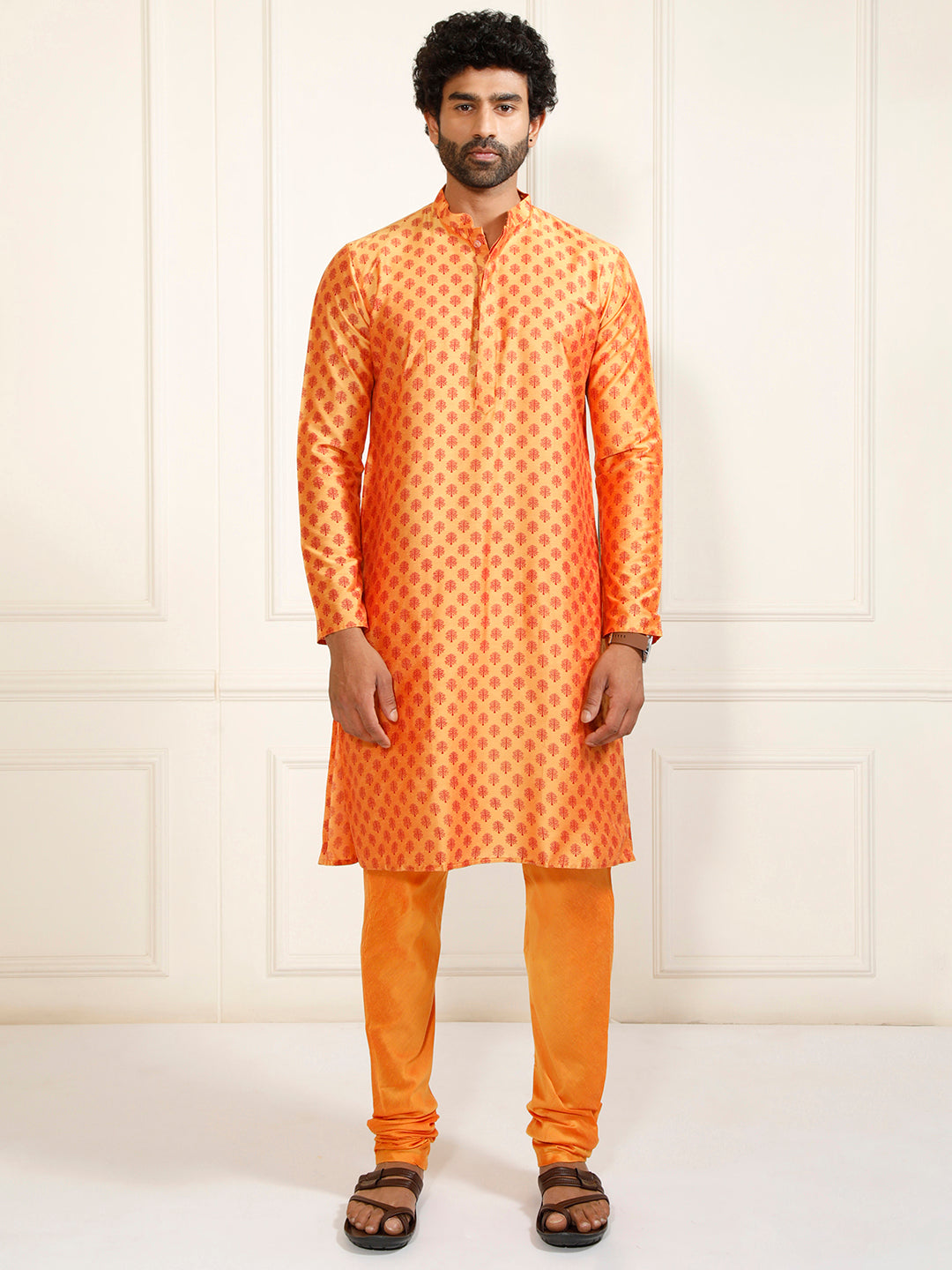 Sarvati Men's Orange Cotton Blend Kurta and Pyjama Set