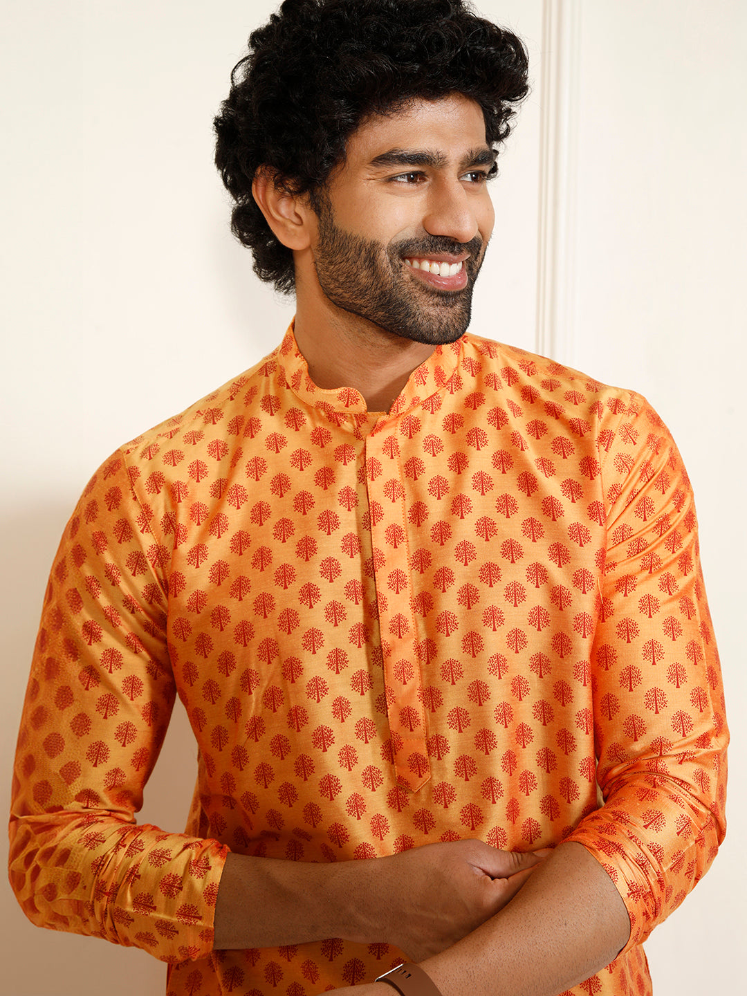 Sarvati Men's Orange Cotton Blend Kurta and Pyjama Set