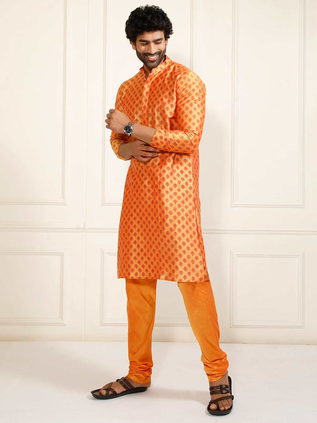 Sarvati Men's Orange Cotton Blend Kurta and Pyjama Set