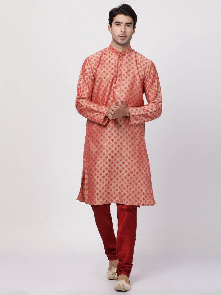 Sarvati Men's Peach Cotton Blend Kurta and Churidar Set