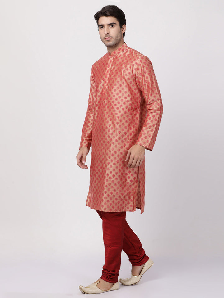 Sarvati Men's Peach Cotton Blend Kurta and Churidar Set