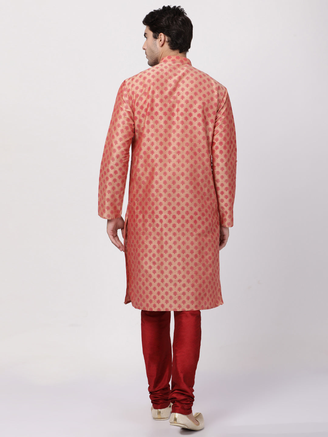 Sarvati Men's Peach Cotton Blend Kurta and Churidar Set