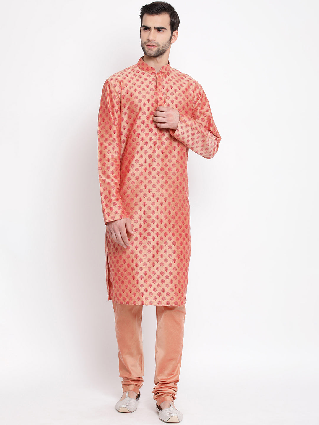 Sarvati Men's Peach Cotton Blend Kurta and Churidar Set