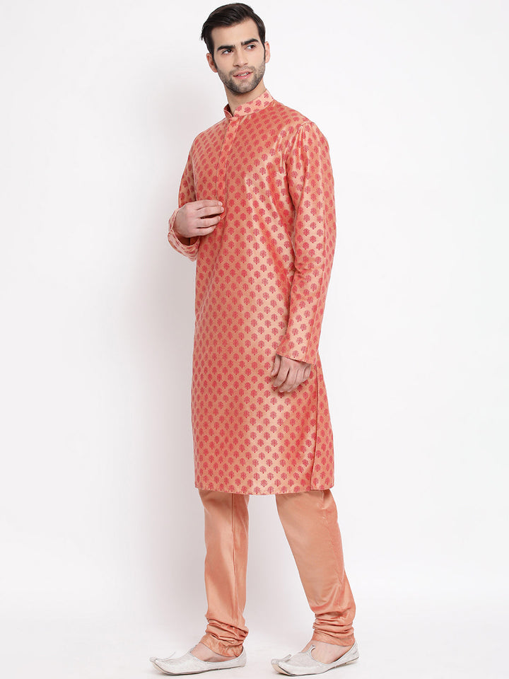 Sarvati Men's Peach Cotton Blend Kurta and Churidar Set