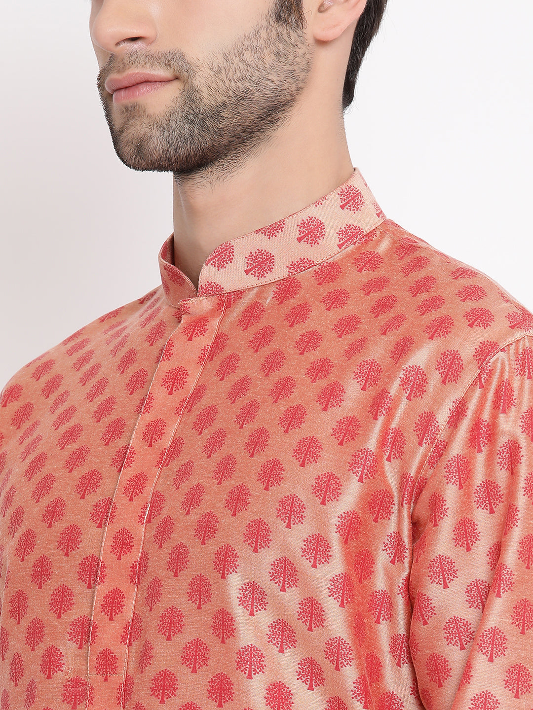 Sarvati Men's Peach Cotton Blend Kurta and Churidar Set