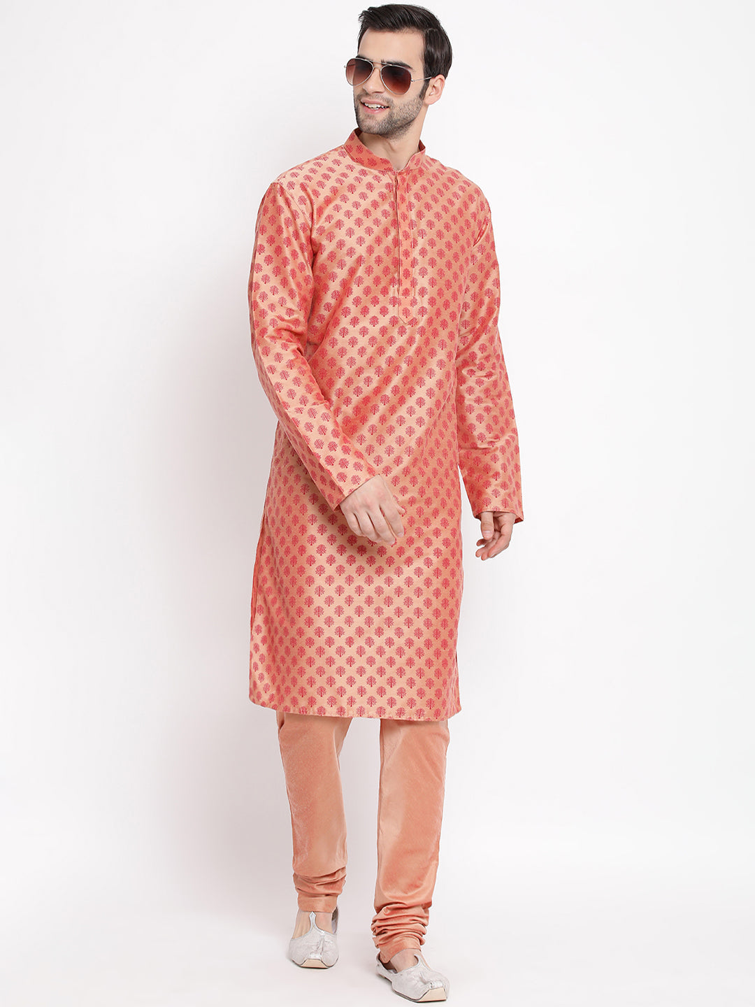 Sarvati Men's Peach Cotton Blend Kurta and Churidar Set