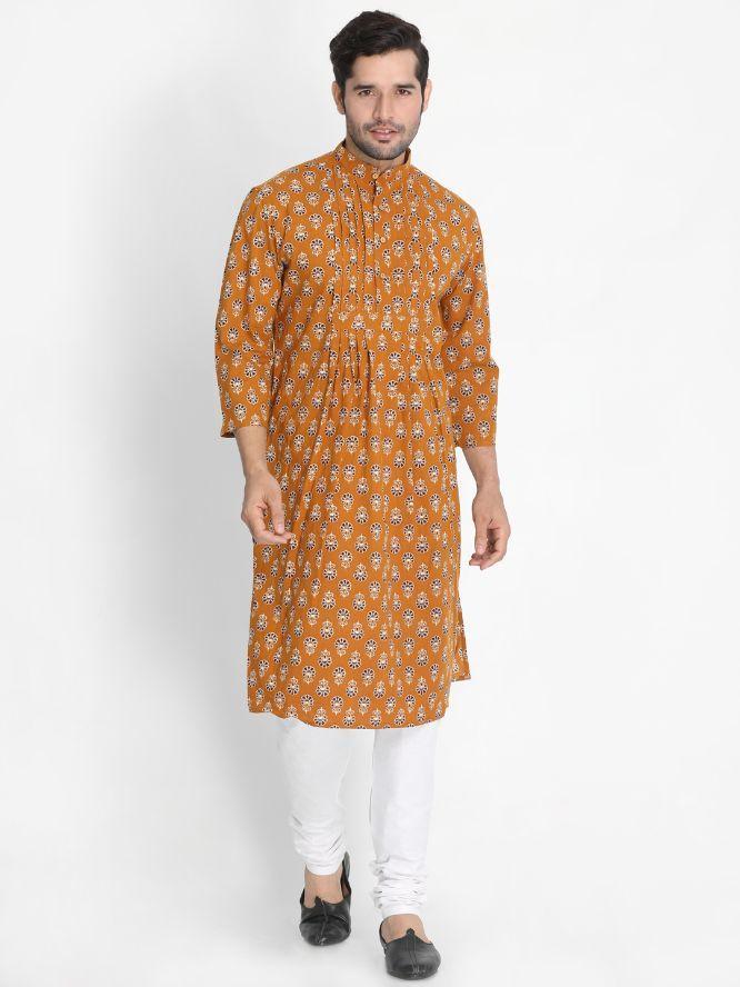 Sarvati Men's Yellow Cotton Blend Kurta and Churidar Set