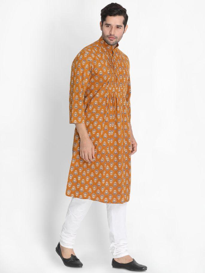 Sarvati Men's Yellow Cotton Blend Kurta and Churidar Set