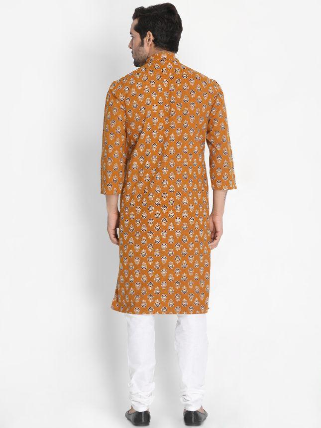 Sarvati Men's Yellow Cotton Blend Kurta and Churidar Set