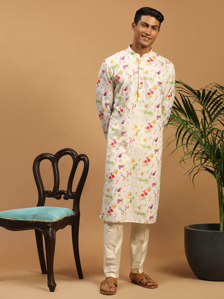 Sarvati Men's Cream Printed Cotton Blend Kurta and Cream Viscose Pant Set