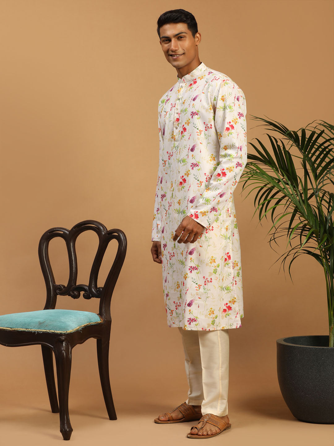 Sarvati Men's Cream Printed Cotton Blend Kurta and Cream Viscose Pant Set