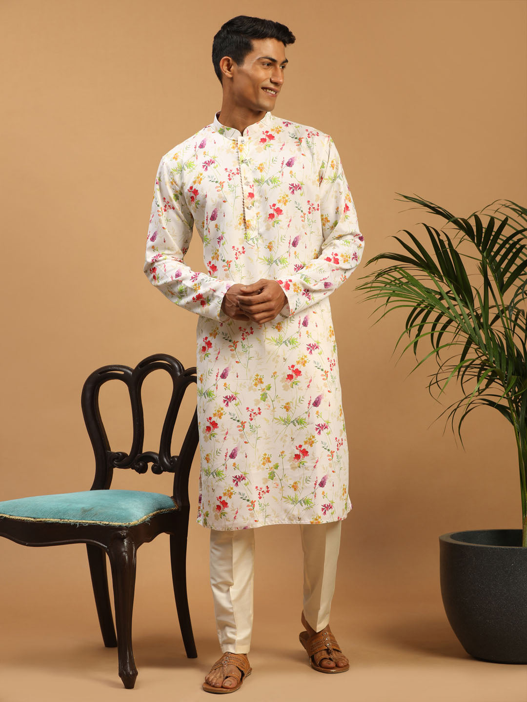 Sarvati Men's Cream Printed Cotton Blend Kurta and Cream Viscose Pant Set