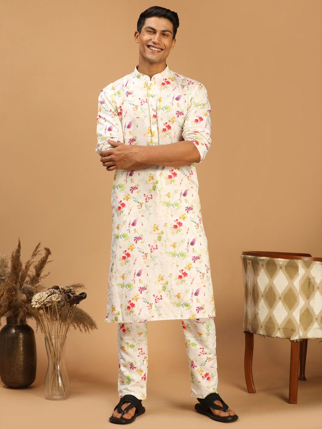 Sarvati Men's Cream Printed Cotton Blend Kurta and Printed Matching Pant Set