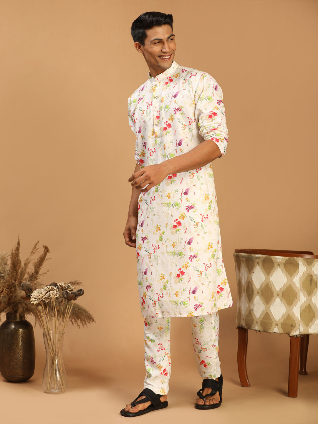 Sarvati Men's Cream Printed Cotton Blend Kurta and Printed Matching Pant Set