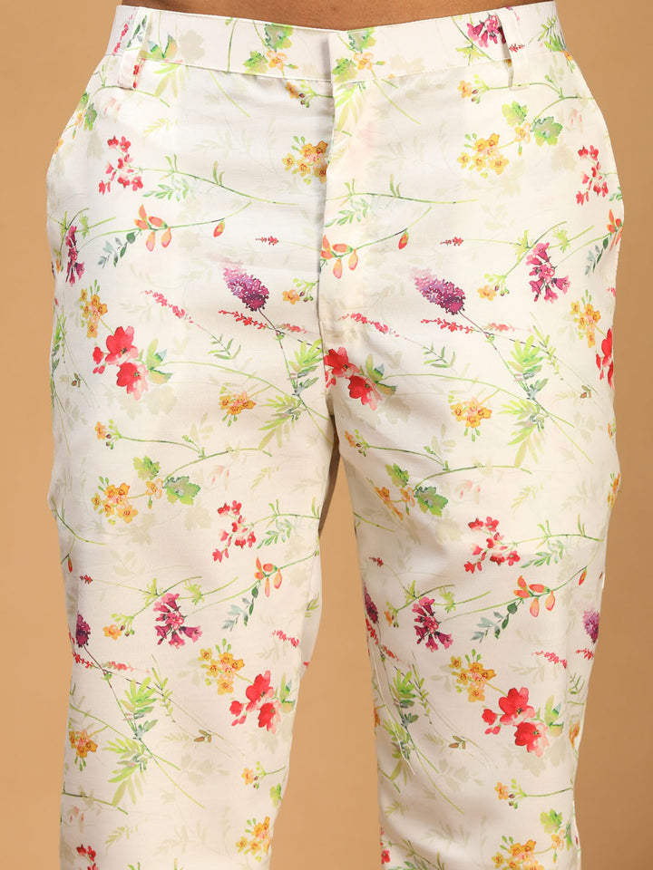 Men's Cream Printed Cotton Blend Kurta And Printed Matching Pant Set