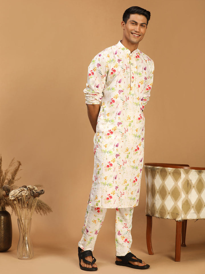 Sarvati Men's Cream Printed Cotton Blend Kurta and Printed Matching Pant Set