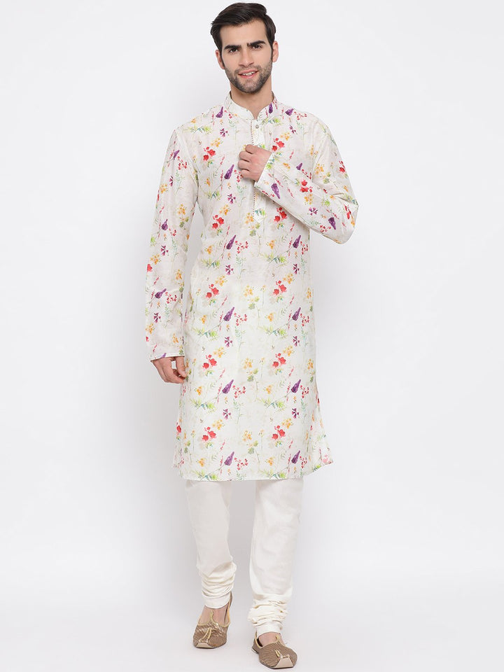 Sarvati Men's Cream Cotton Blend Kurta and Pyjama Set