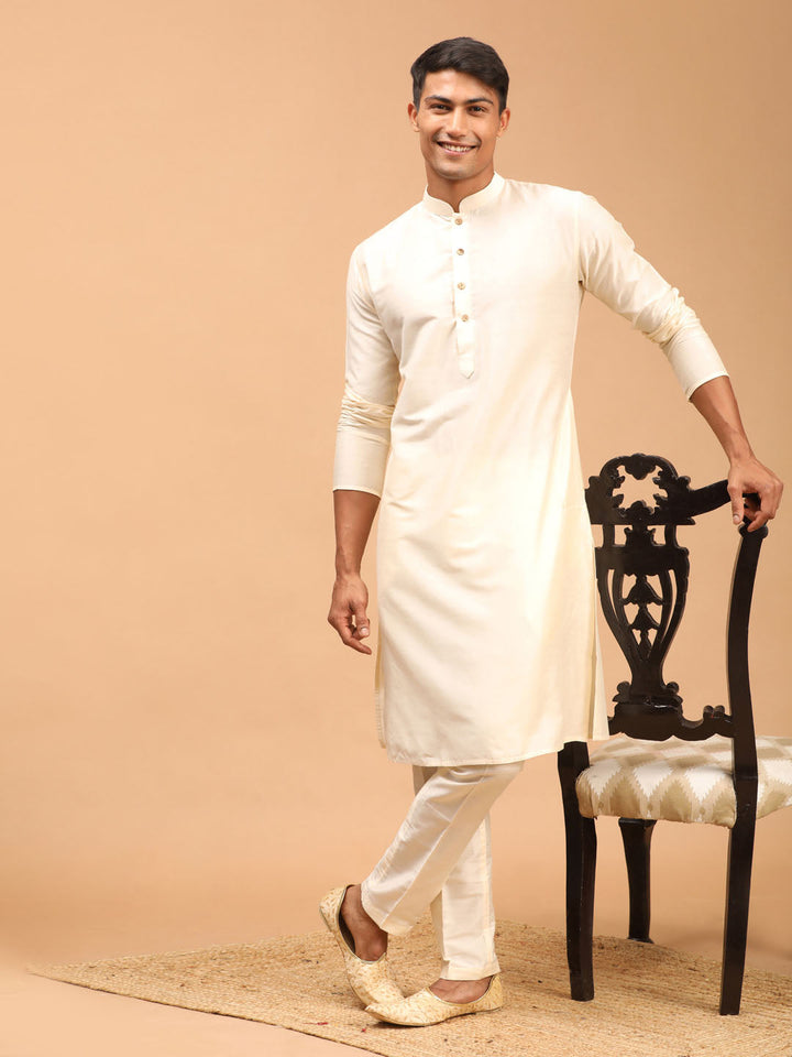 Sarvati Men's Cream Viscose Rayon Kurta With Pant Style Pyjama Set