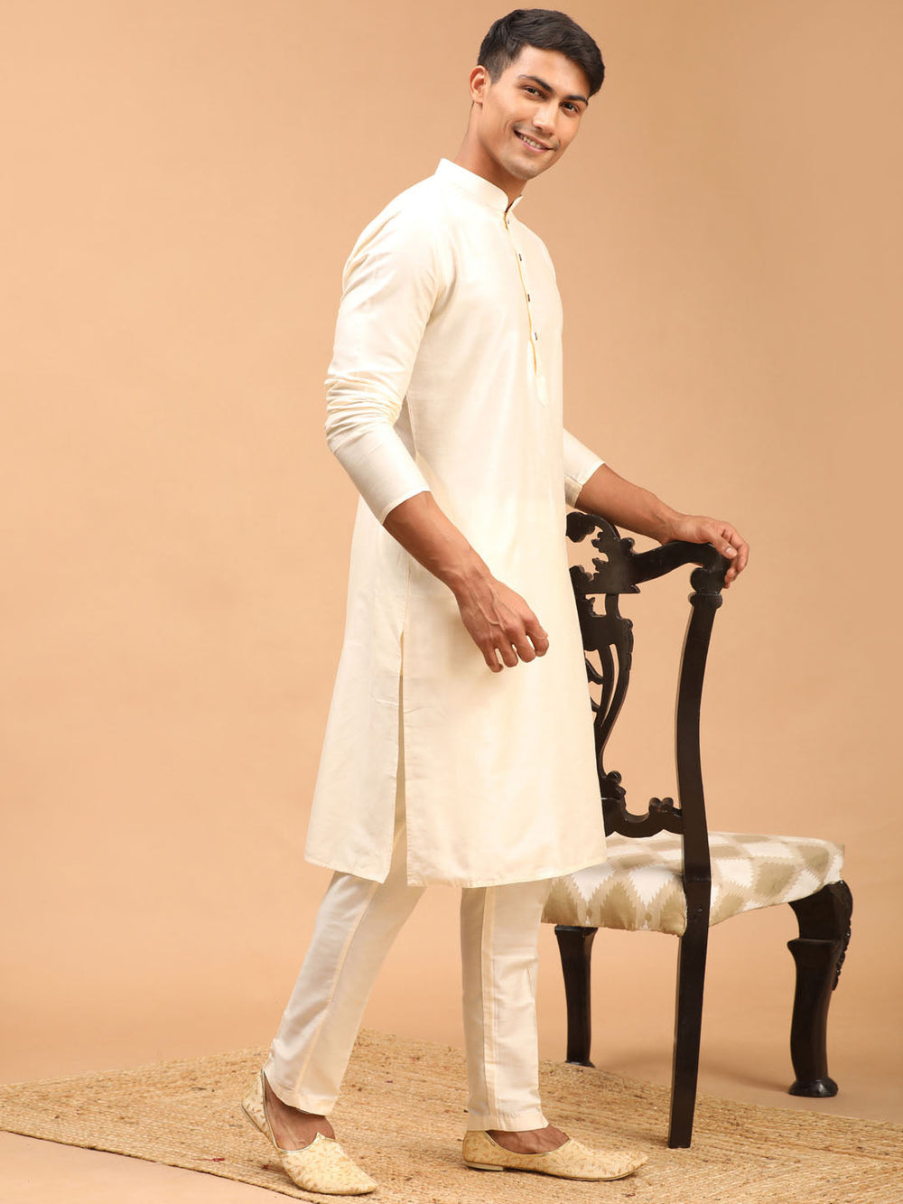 Sarvati Men's Cream Viscose Rayon Kurta With Pant Style Pyjama Set