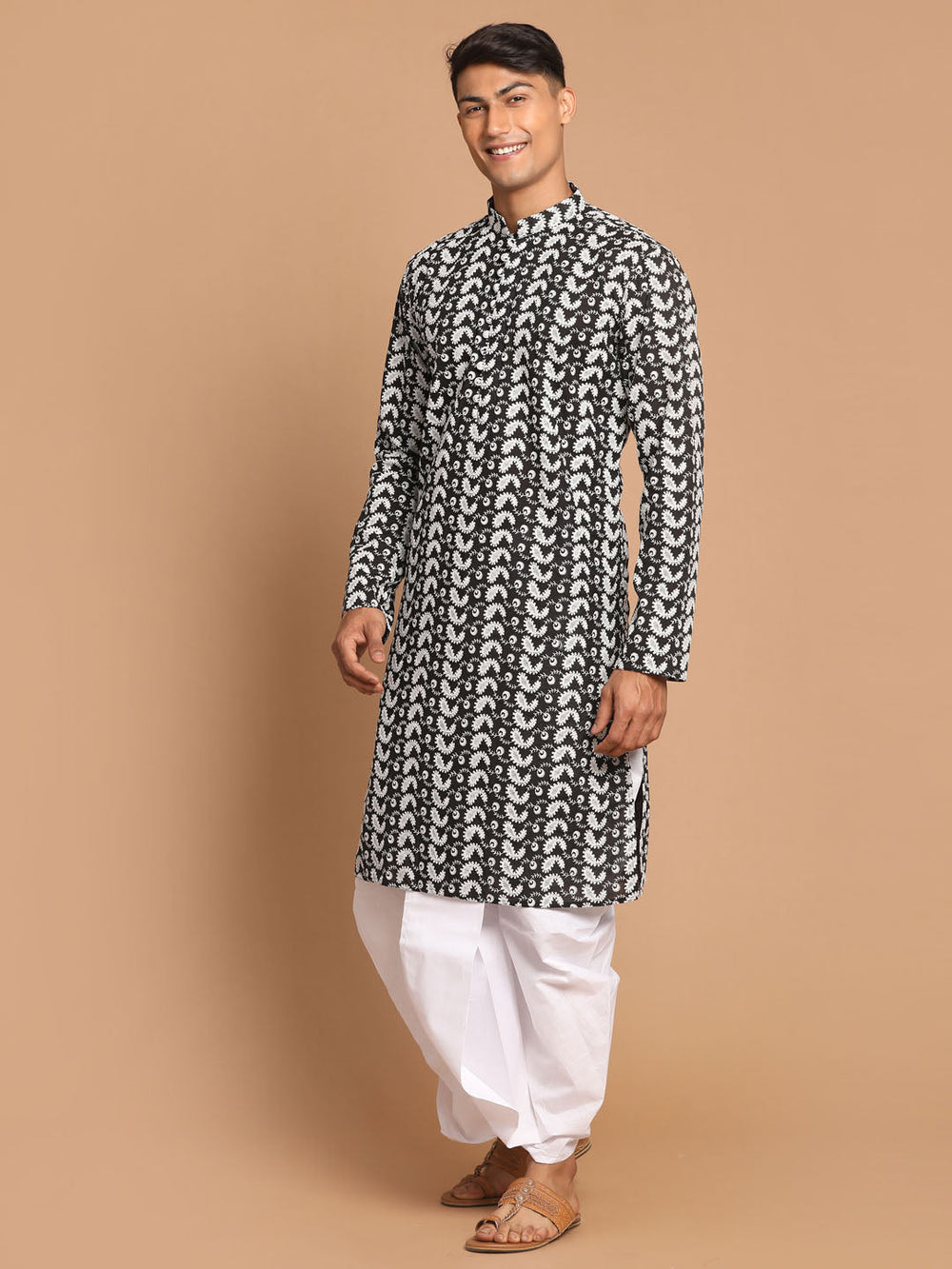 Sarvati Men's Black Pure Cotton Chikankari Kurta With Dhoti Set