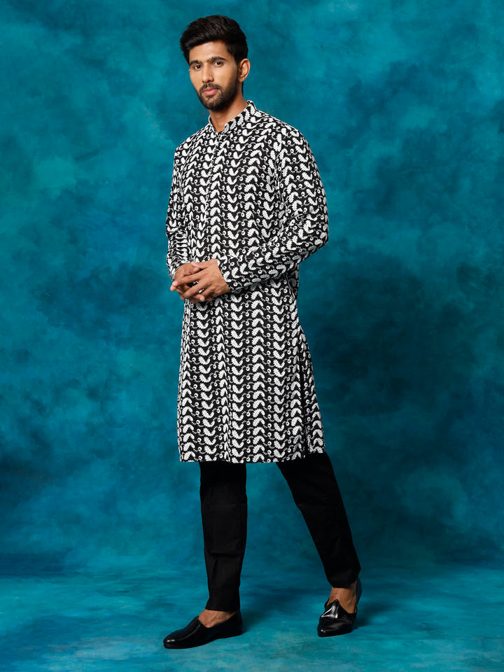 Sarvati Men's Black Pure Cotton Chikankari Kurta Pyjama Set