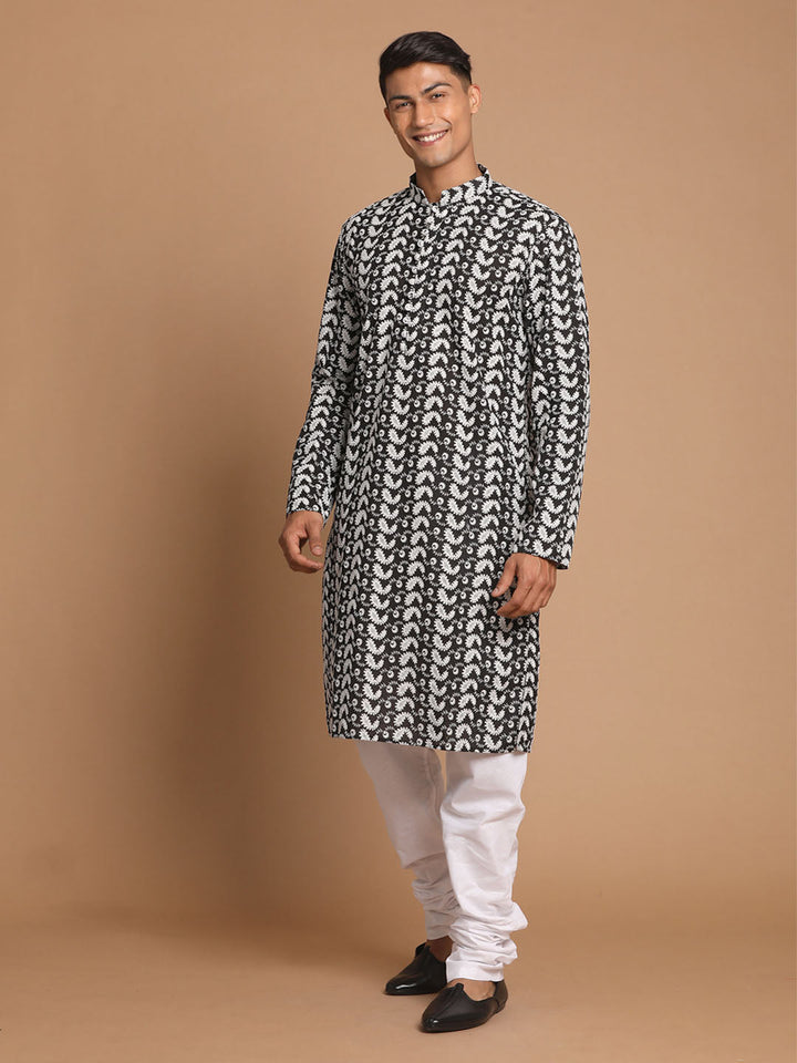 Sarvati Men's Black Pure Cotton Chikankari Kurta Pyjama Set